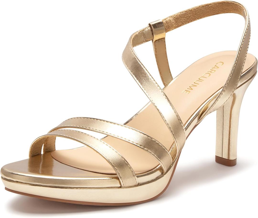 Carcuume Women's Strappy Platform Heeled Sandal, NATRACY-GOLD PU-8.5