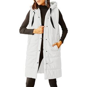 Grlasen Women's Long Quilted Puffer Vest Sleeveless Hooded Button Down Padded Coats Jacket Outerwear with Pockets (Large, White)