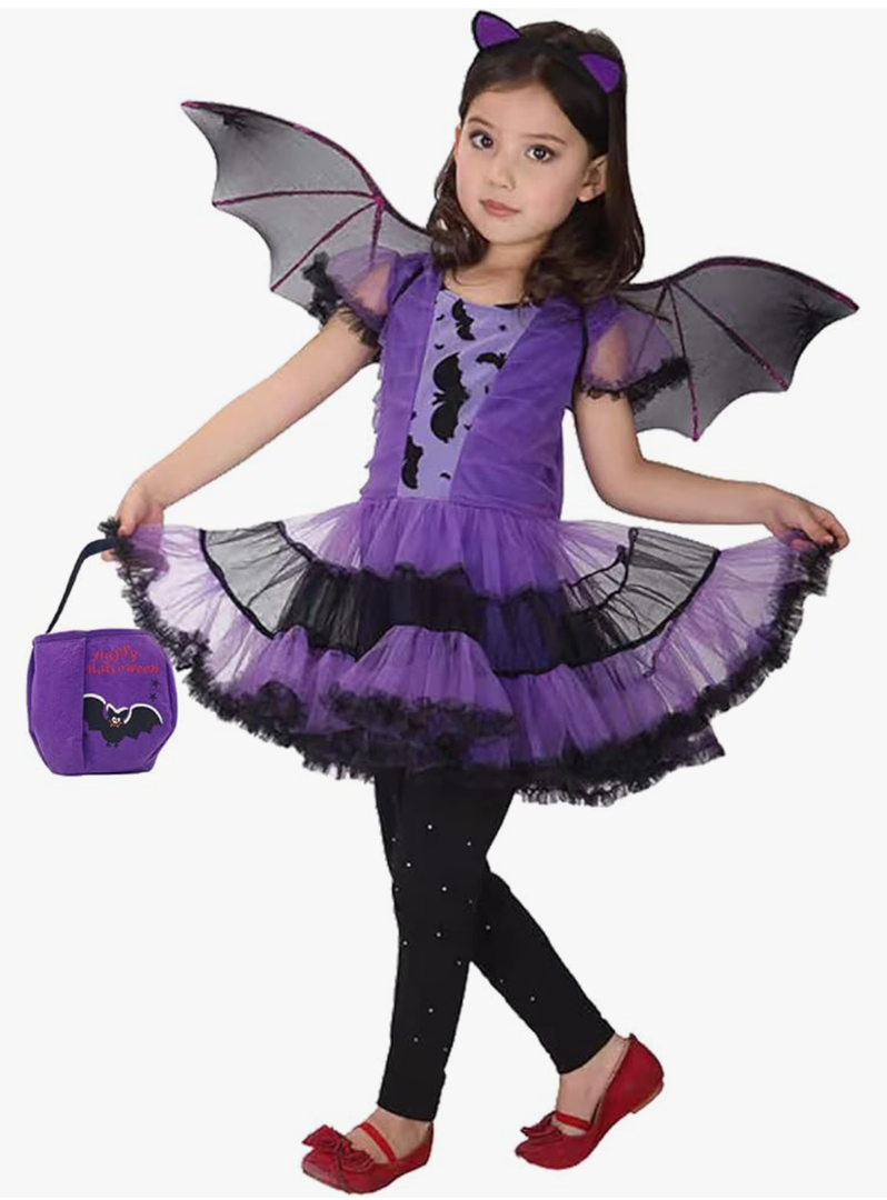 Girls Bat Halloween Costume Witch Cosplay Costume Tutu Dress Set for Kids Size 7-9