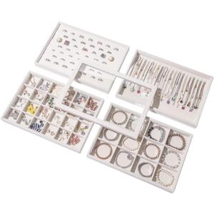 Coward Set of 5 Stackable Jewelry Organizer Tray Necklace Earring Box Storage Ring Bracelet Display Holder (beige(ring+necklace+12girds+24girds+The glass lid))