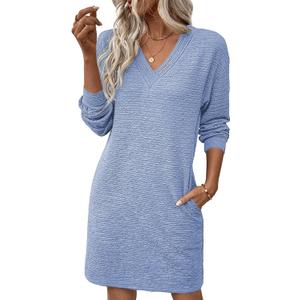 EVALESS Womens Fall Dresses 2026 Long Sleeve V Neck Casual Dress Textured Loose Fit Shift Mini Dress with Pockets (Blue, XL)