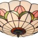 Tiffany Style Ceiling Light 16 Inch Stained Glass Flush Mount Ceiling Light for Bedroom Chandelier Vintage Pendent Light Fixtures (16 Inch White Pink)
