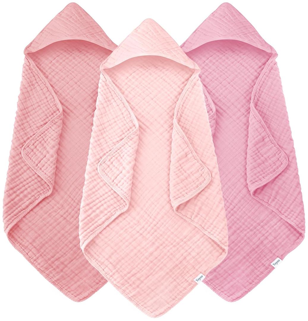Muslin Hooded Baby Bath Towels - 3 Pack 100% Cotton Ultra-Soft Towels for Newborns, Infants, Toddlers - 32x32 Inch - Highly Absorbent, Quick-Dry Essentials for Bath Time, Beach, Pool, Sakura Series