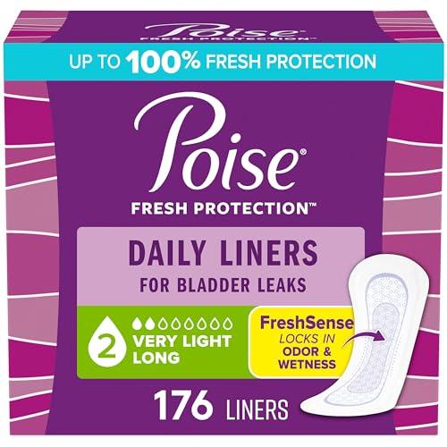 Poise Daily Liners, Incontinence Panty Liners for Bladder Leaks, 2 Drop Very Light Absorbency, Long Length, 176 Count of Pantiliners (4 Packs of 44)