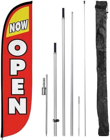 LookOurWay Feather Flag Pole Kit - 12 Feet Tall Advertising Flag Banner with Fiberglass Pole Kit and Ground Spike for Business Promotion - Grand Opening Flags - Now Open Red & Yellow (10M1200030)