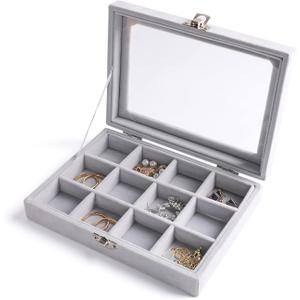 Frebeauty Jewelry Organizer Tray with Clear Lid, 12 Grid Velvet Drawer Insert Storage Box with Transparent Lid Display Case Gift for Women (Grey, 12 Grid)