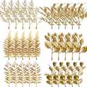 30Pcs Artificial Mini Golden Leaves 5inch Fake Gold Plants Foliage Stems Simulation Eucalyptus Cedar Elm Leaves Grass Stems for Wedding Picks Decoration DIY Wreath Crafts Christmas Tree Filler