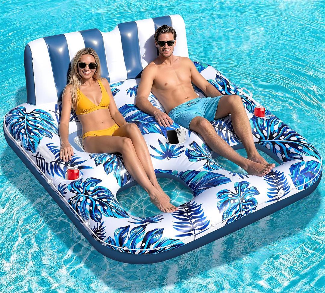 Sinbyuer 2 Person Inflatable Pool Floats Adult, 66x62 Inch Pool Lounger Float with Cup Holders & Backrest, 0.4mm Thickened Pools Float Recliner Rafts, Floating Chair Water Floaties for Adults