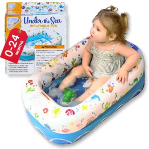 Mommy's Helper | Inflatable Under The Sea Baby Bathtub, Collapsible Safe Baby Bath Tub with Anti-Sliding Saddle Horn Seat, Must Have Travel Toddler Bath, Portable Bathtub Recommended Months 6 to 24 (Blue, White)