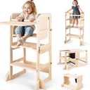 6 in-1 Toddler Kitchen Step Stool with Wooden Stool, Foldable Learning Standing Tower with Blackboard & Feeding Tray, Wooden Kitchen Stool Helper for Kids, 1-3 Year Old Boy Girl Gifts