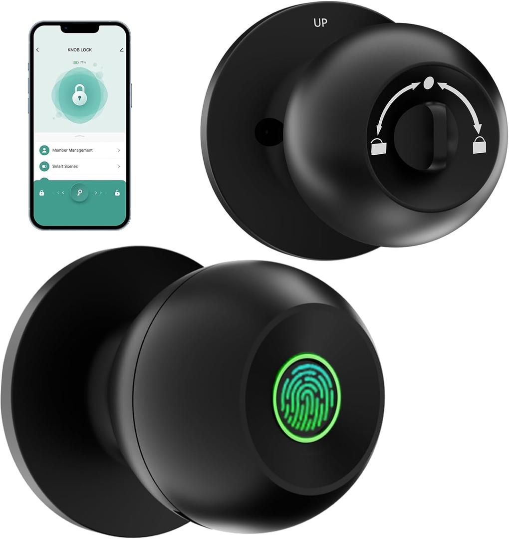 Biometric Door Lock, Rechargeable Fingerprint Lock with App Control, Smart Door Knob for Bedrooms, Offices, Hotels (Black)