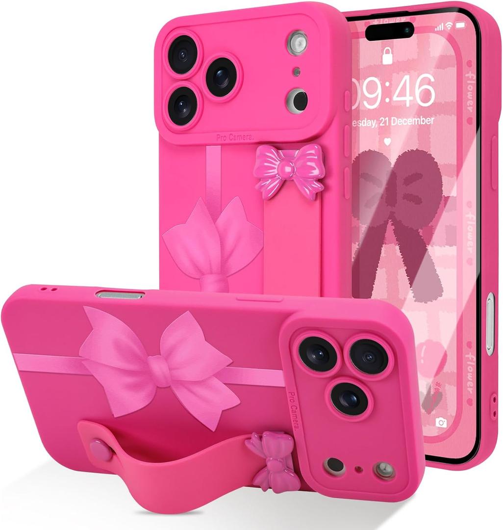 Designed for iPhone 17 Pro Max Case with Wrist Strap Elegant Bow Ribbon Design with Adjustable Wristband Shockproof Soft TPU Camera Protection Phone Cover for Women Girls - Hot Pink Bow