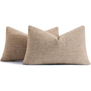 decorUhome Chenille Decorative Throw Pillow Covers 12x20 Set of 2, Lumbar Farmhouse Textured Neutral Solid Accent Pillow Covers for Couch Sofa Bed Living Room Home Decor, Khaki