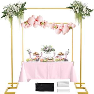 WellSign 8.2FT Square Arch Backdrop Stand,Metal Gold Backdrop Stand Heavy Duty Adjustable,Extra 2 Clamps Change Over The Table Rod Stand,Wedding Balloon Arch Stand for Valentine Parties Decoration