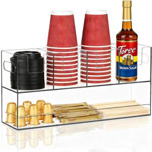 MYITYARD Cup Storage Organizer, Coffee Station Caddy, Clear Acrylic Cup and Lid Holder, Coffee Condiment Bar Accessories for Pods, Sugar, Creamer, Syrup, 5 Compartments