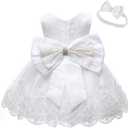 0-6T Baby Girl Party Dress Toddler Lace Embroideryr Evening Dresses with Headwear (White)