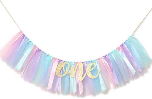 WAOUH Baby Girl Banner for 1st Birthday - Highchair Banner for First Birthday Decoration, Cake Smash Photo Prop, Tulle Garland Banner (Light Aqua and Light Blue)