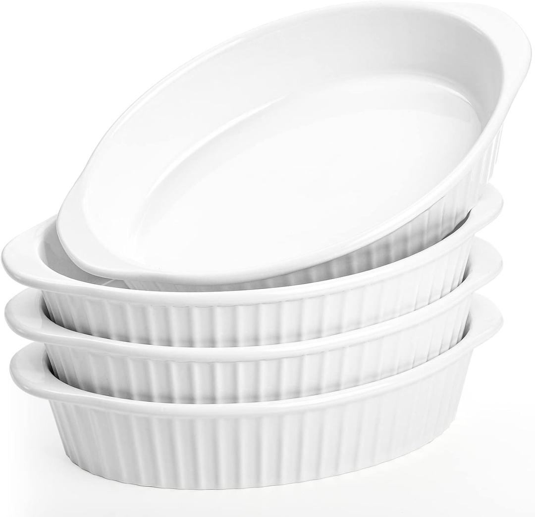 Foraineam 4 Pack 15 oz White Porcelain Oval Baking Dishes, 8.8 x 5.5 x 1.8 Inch Au Gratin Pans Small Table Serving Dish, Lasagna Pan Crème Brulee Bakeware Set with Double Handles, Dishwasher Oven Safe