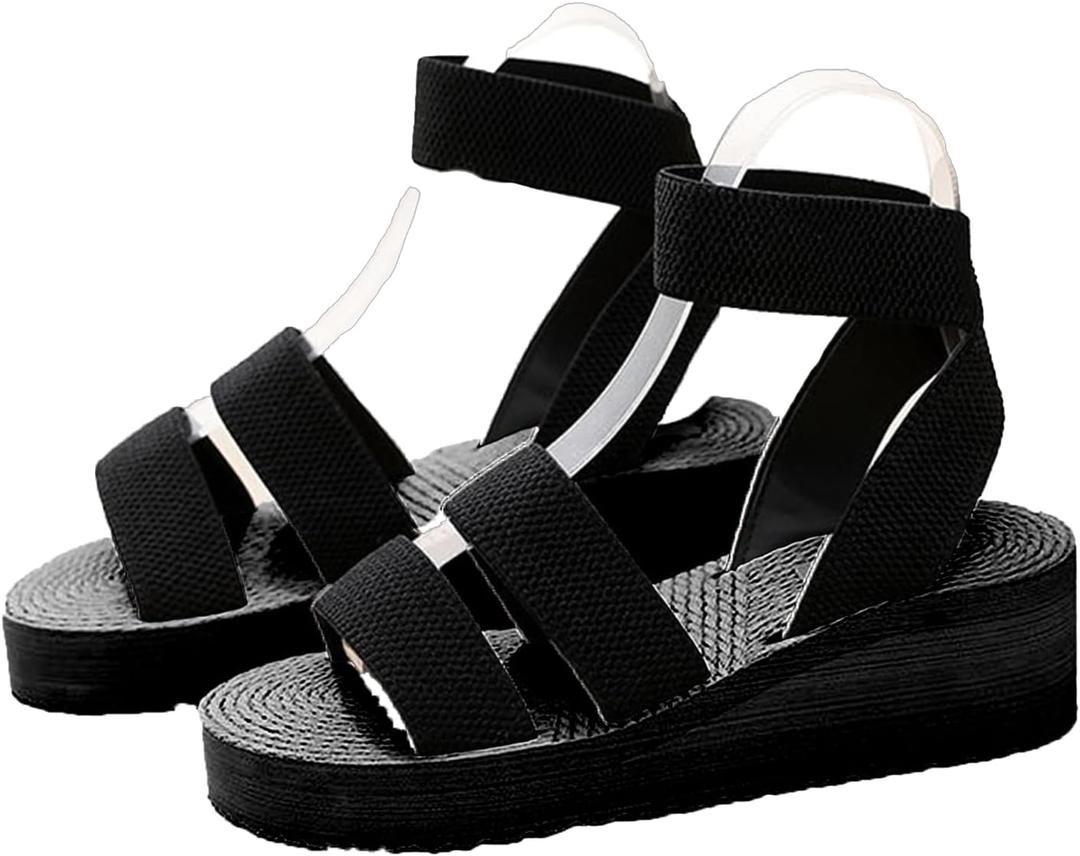 Women's Elastic Ankle Strap Platform Sandals Summer Open Toe Wedge Sandals Fashionable Beach Gladiator Sandals (8, Black)