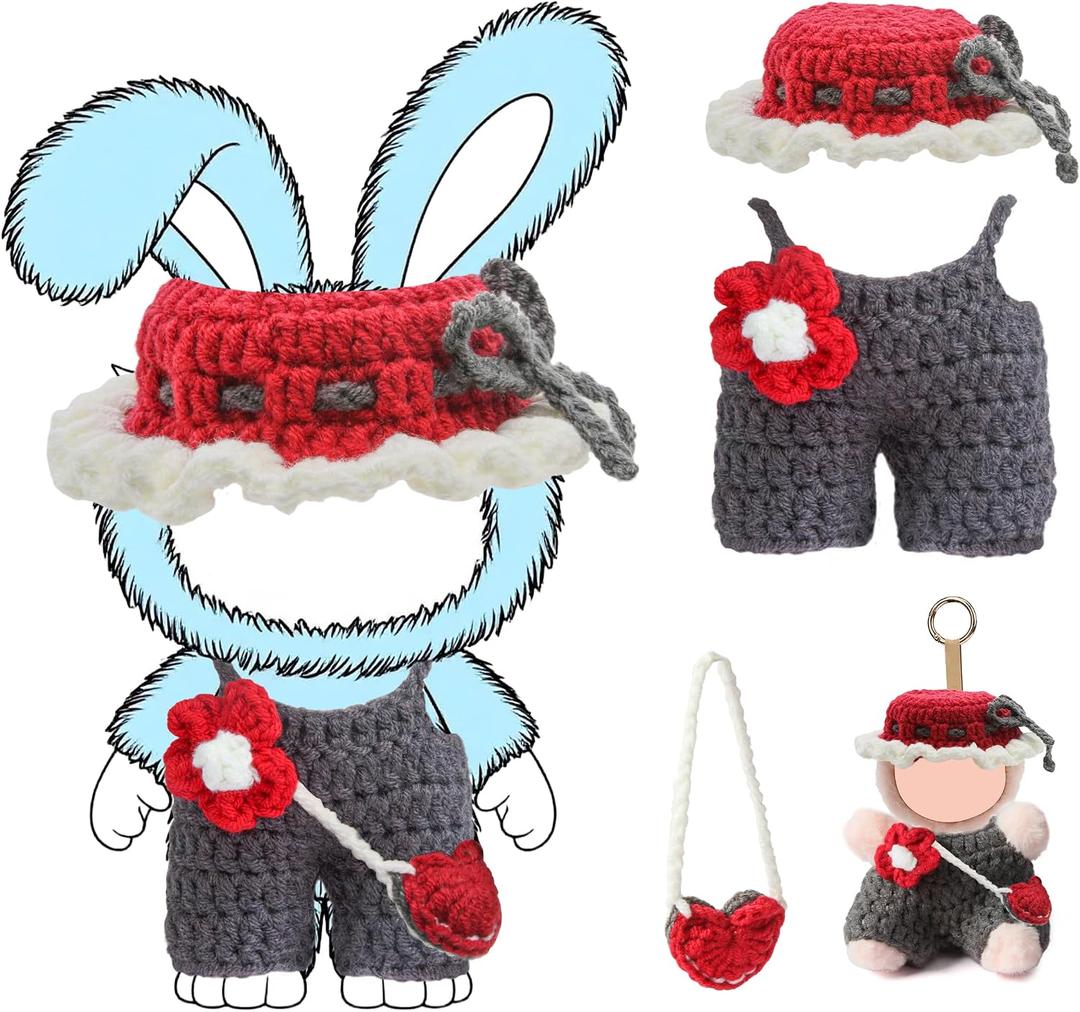 17cm Doll Clothes(NO Doll), Cute Dolls Outfit Accessories with Accessories, Hand Crocheted Hat, Sweaters, Bag, Small Kawaii Clothes Set for DollsRed