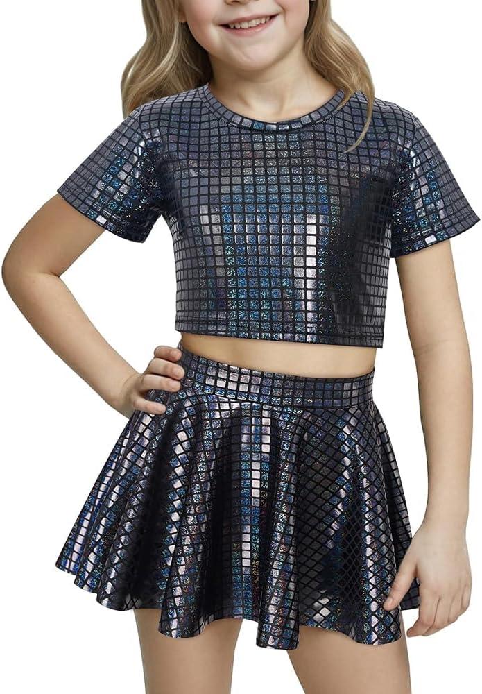 Happy Cherry Kid Girl Shiny Skirt and Top Set 2 Pcs Short Sleeve Metallic Disco Crop Top & Pleated Mini Skirt Set, 12-13