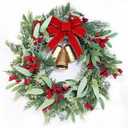 21 Inch Christmas Wreath for Front Door, Artificial Greenery Faux Cedar Wreath with Red Velvet Bow and Vintage Bell, Indoor Outdoor Christmas Decoration for Wall Window Farmhouse Home