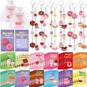 Kigeli 48 Set Valentine's Day Cards for Classroom Exchange Gifts Sweet Dessert Valentine Keychains and Pun Note Cards Organza Bags for Valentines Party Favors Goodie Bags Stuffers School Events Prizes
