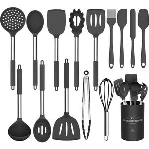 Silicone Cooking Utensil Set, Umite Chef 15pcs Silicone Cooking Kitchen Utensils Set, Non-stick - Best Kitchen Cookware with Stainless Steel Handle - Black