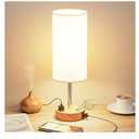 Fenmzee Bedside Table Lamp for Bedroom - 3 Way Dimmable Touch Lamp USB C Charging Ports and AC Outlet, Small Lamp Wood Base Round Flaxen Fabric Shade for Living Room, Desk, LED Bulb Included
