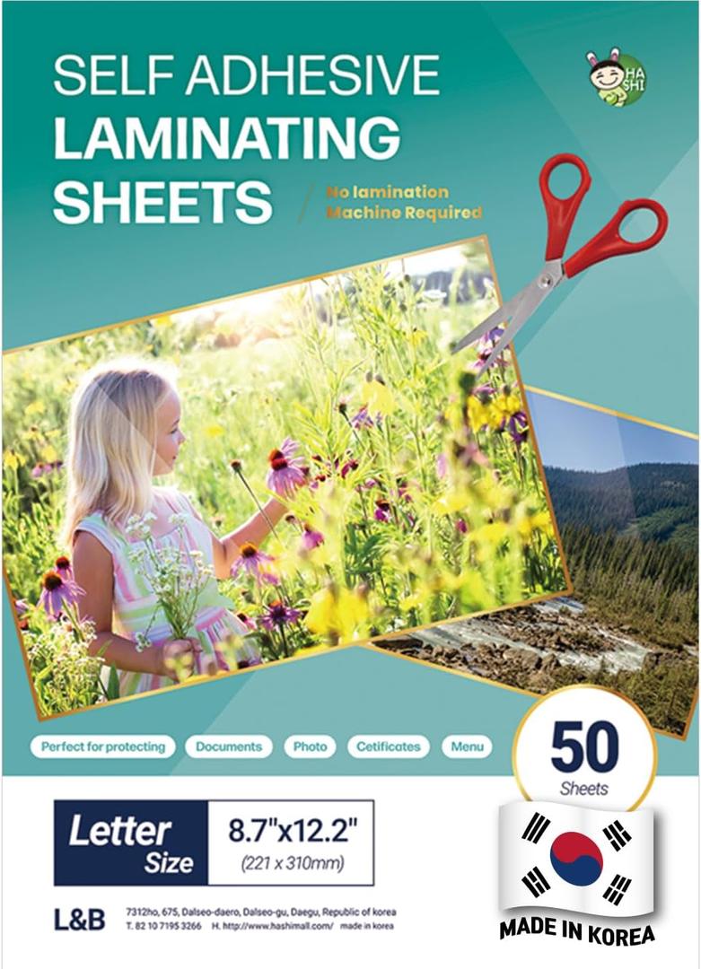 Self Adhesive Laminating Clear Sheets, 4mil, Pack of 50, Letter Size (8.5 x 11 Inches) No Heat, No Machine, Laminate Sheets Self Sealing, Contact Plastic Paper by HASHI