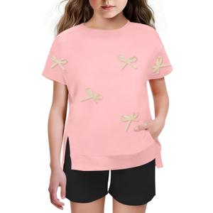 Girls Clothes 2PC Summer Outfits Bow Short Sleeve T-shirts and Elastic Waist Shorts Set Kids Clothes Girls (11-12 Years, Pink)