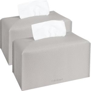 2Pcs Tissue Box Cover Holder, Rectangular with Bottom Belt - PU Leather Tissue Cover Decorative Organizer for Tabletop, Bathroom, Car, Office,9.5X5X5 Inch - Light Gray (Rectangle Grey Set of 2)