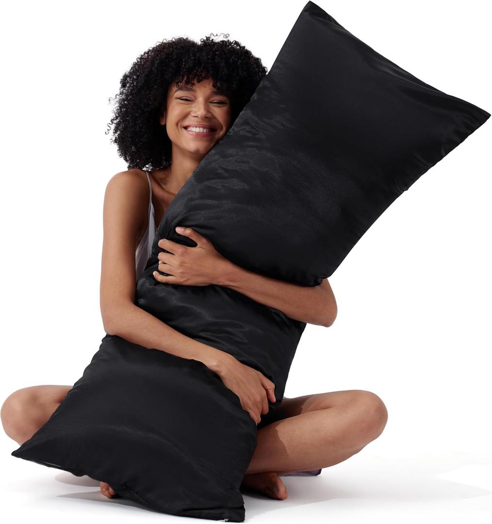 Bedsure Satin Body Pillow Pillowcase, Similar to Silk Body Pillow Cover with Zipper, Soft & Breathable Long Pillow Case, Cooling & Silky Long Pillowcase for Hair and Skin, Gifts, Black, 20x54 Inches