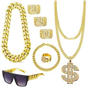 EIELO 80s 90s Accessories Outfit for Men Hip Hop Costume Kit Old School Rapper Sunglasses Faux Gold Rope Chain Bracelet Dollar Sign Chain Ring Kanji Ring Halloween Party Decorations