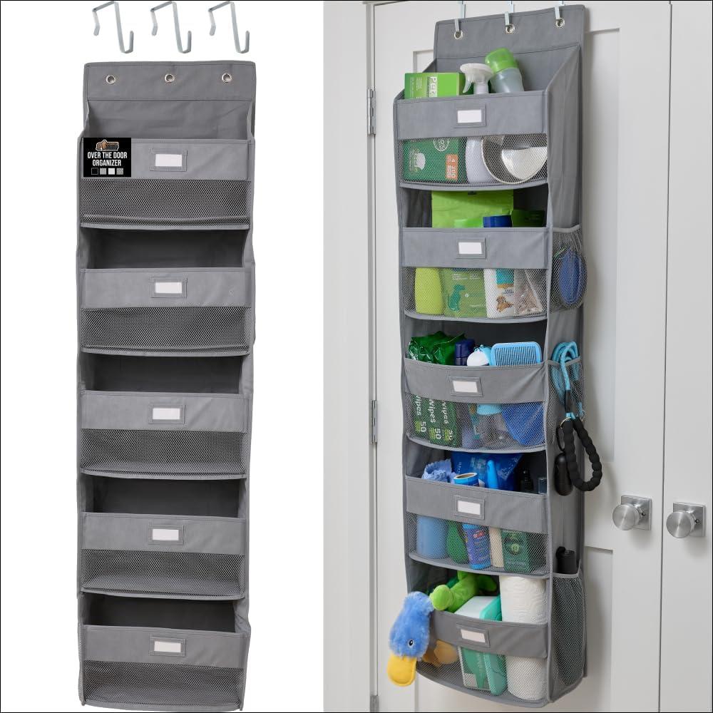 GORILLA GRIP Over The Door Organizer Storage, 5 Deep Hanging Shelves, Holds 50lbs, Closet Organizers Shelf for Bedroom, Shoes, Bathroom, Nursery, Dorm Essentials, 3 Metal Hooks, 58x15 Inches, Gray (Grey)