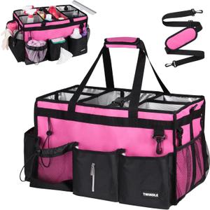 Extra-Large Cleaning Caddy With Detachable Divider,Cleaning Caddy For Cleaning Supplies,19.69" X 11.42" X 11.42" Large Cleaning Supply Caddy With Adjustable Shoulder Strap & Waist Belt For Cleaners (Rose Pink)