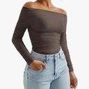 OMKAGI Women Long Sleeve Tops Sexy Off Shoulder Shirts Fitted Going Out Y2K Crop Top, Size L