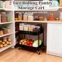 2 Tier Rolling Cart with Wheels for Under Desk Storage & Pantry Room, Large Capacity Laundry Room & Makeup Organizer, Sturdy Kitchen Utility Cart for Small Space with 4 Hooks, Black