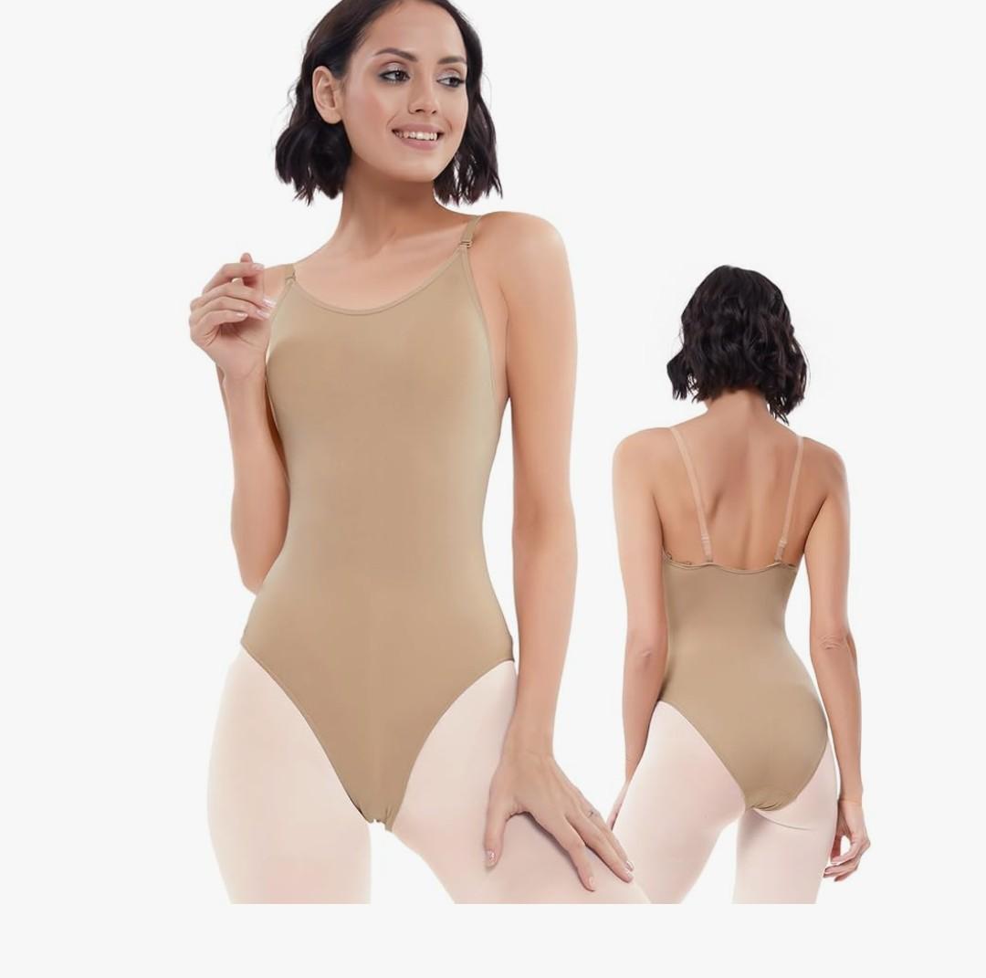 Women Nude Leotard Seamless Camisole Undergarment with Adjustable Clear Straps, Size L