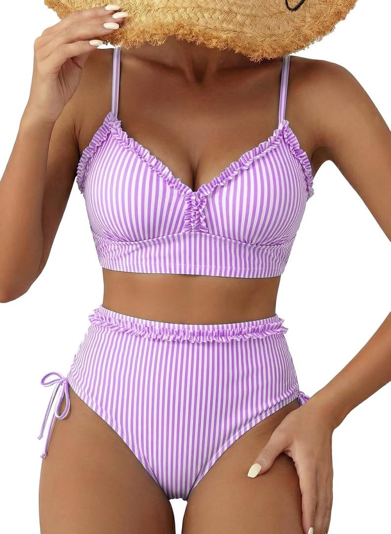 Herseas Women's Splice Ruffle Trim Bikini Sets Tie Side Swimsuits High Waisted Bathing Suits, XL