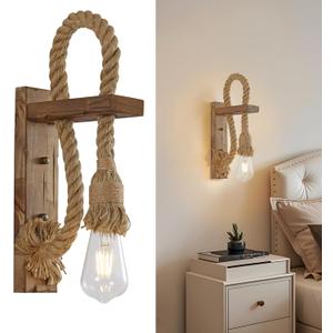 KEESFU Wood Wall Sconce 1 Light, Farmhouse Wood & Hemp Rope Wall Mount Light Fixture, Rustic Light Fixtures for Bedroom Entryway Hallway Living Room.