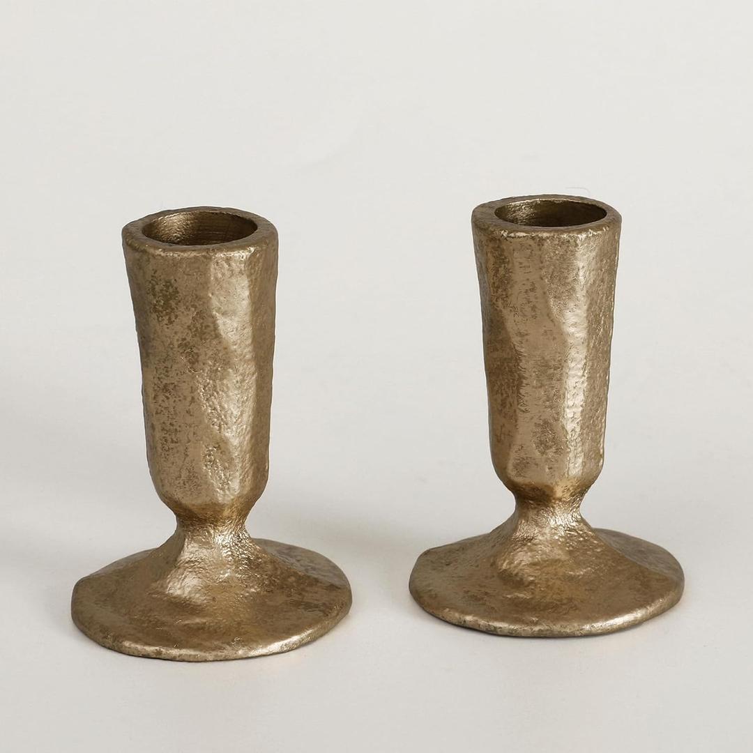 Handcrafted Antique Brass Iron Taper Candle Holders - Set of 2 Elegant Candlesticks for Weddings, Dining, and Parties, Timeless Dcor Accent