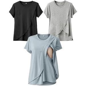 Rnxrbb Small Summer Nursing Tops for Breastfeeding T Shirts Short Sleeve Postpartum Clothes Set of 4, XS