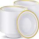 Jinei 150 Pieces 6 oz Plastic Bowls with Rim Small Disposable Soup Bowls for Dessert Salad Soup Candy Wedding Thanksgiving Catering Holidays Party Supplies (White,Gold Rim), about 5.43 inches in diameter
