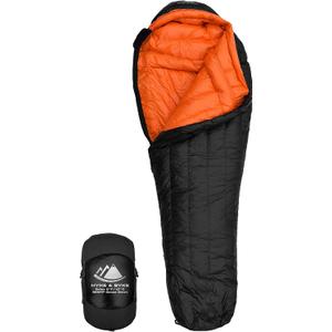 Hyke & Byke Eolus 0F Cold Weather Mummy Hiking & Backpacking Sleeping Bag - Goose Down 800 FP 4 Season Sleeping Bags for Adults - Ultralight with Compression Stuff Sack (Regular, Black/Clementine)