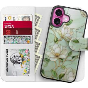LUHOURI for iPhone 17 Case Wallet - Wireless Charging Compatible Detachable Flip Folio Leather Cover - RFID Blocking 4 Card Slots Holder - Protective Phone Case for Women - Vintage Magnolia Flowers