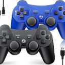 OKHAHA Controller 2 Pack for PS3 Wireless Controller for Sony Playstation 3, Double Shock 3, Bluetooth, Rechargeable, Motion Sensor, Remote for PS3 (No Stripes(Black + Blue))
