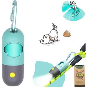 Dog Poop Bag Holder with LED Flashlight for Night Walks,Silicone Tether & Panda Pattern Clip for Used Bags, Hands-Free Metal Leash Carabiner, Includes 15 Scented Waste Bags (Crystal Blue)