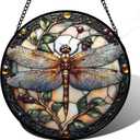 Stained Glass Window Hanging - Dragonfly Plant Suncatcher Ready to Hang Window Doors Home Decoration, Christmas, Mother's Day Birthday Gifts for Women, Men, and Mom 14.9x14.9 in (Brown)