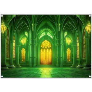 Yriujul Polyester 7x5ft Green Castle Backdrop Fairytale Movie Photography Background Wonderland Birthday Kids Party Decorations Photo Booth Props
